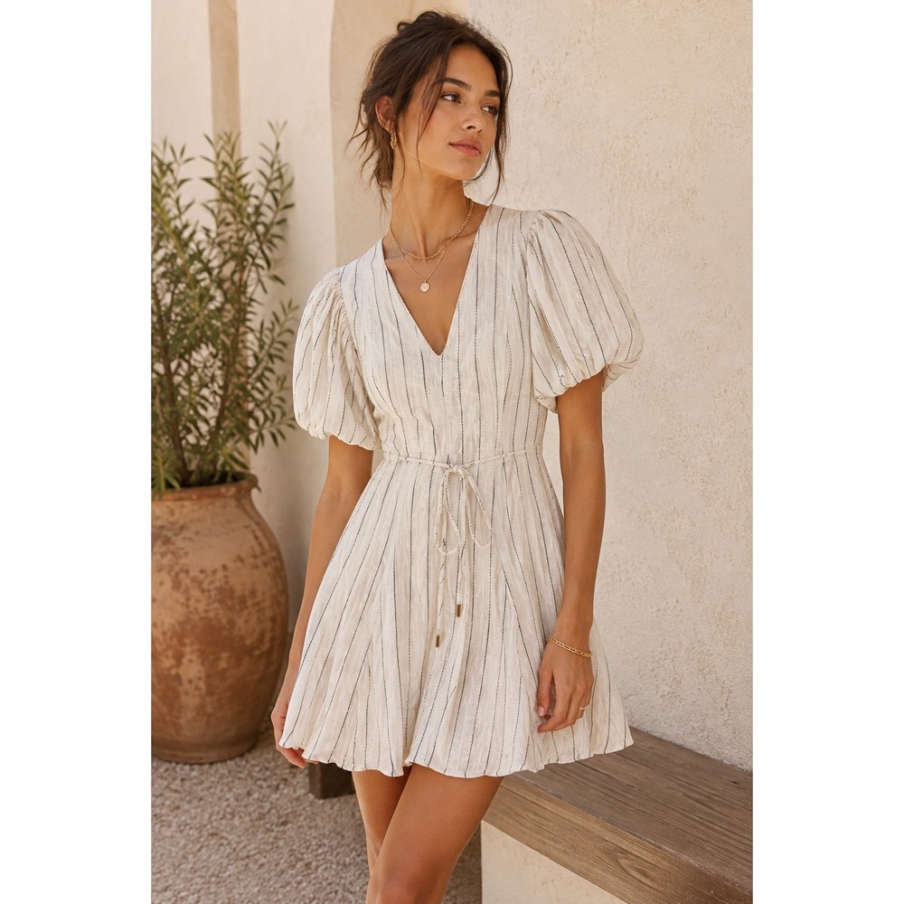 Tinsel Linen Blend Dress Women Small Cream Black Striped Excellent Puff Sleeve